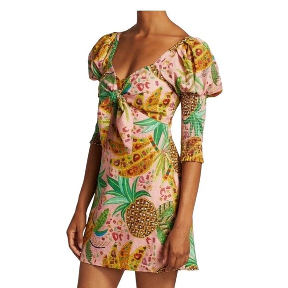 Farm Rio Mixed Fruits Mini Dress Womens Sz S Smocked Tropical Linen Blend Resort - Picture 2 of 12